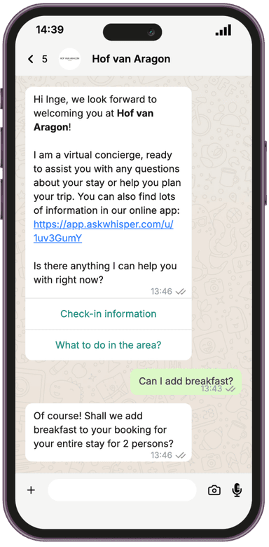 WhatsApp conversation between a hotel guest and AskWhisper AI concierge handling a breakfast upsell