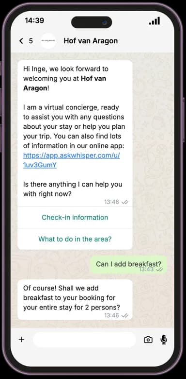 WhatsApp conversation between a hotel guest and AskWhisper AI concierge handling a breakfast upsell