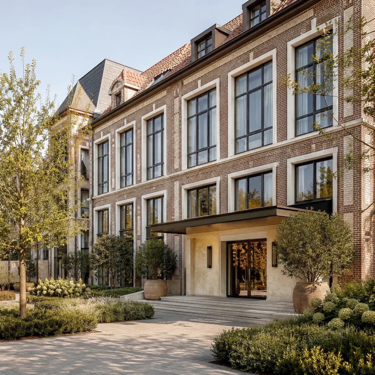 A brick hotel building with a landscaped entrance courtyard