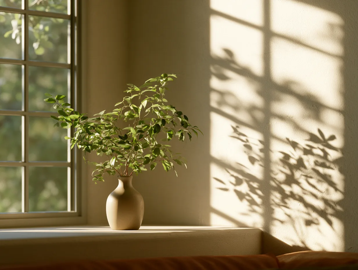 A plant on a windowsill, with afternoon shadows across the wall