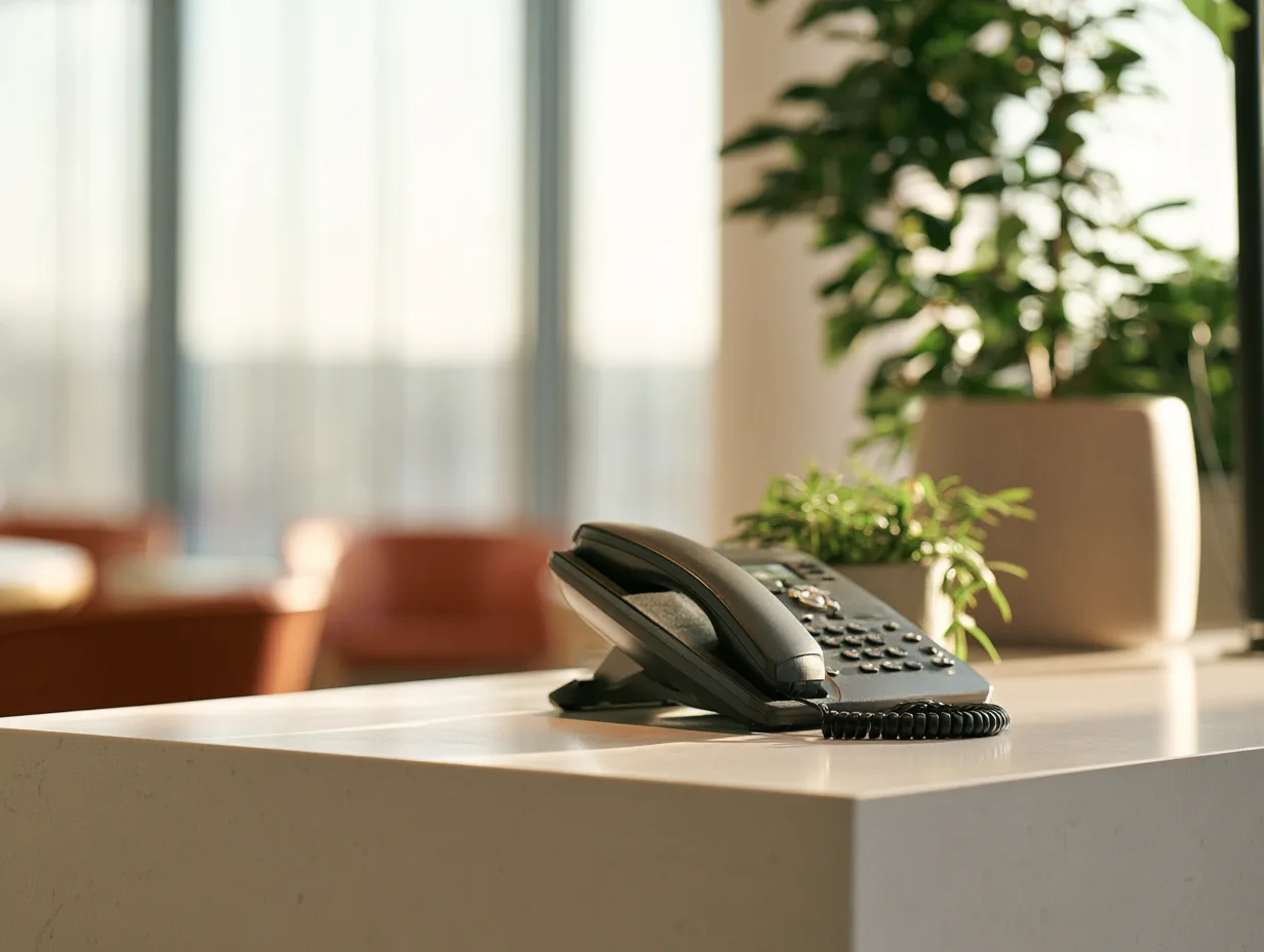 A desk telephone on a reception counter