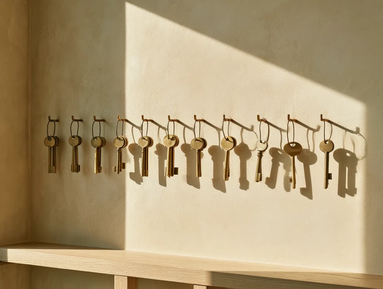A row of brass room keys hanging on a plaster wall
