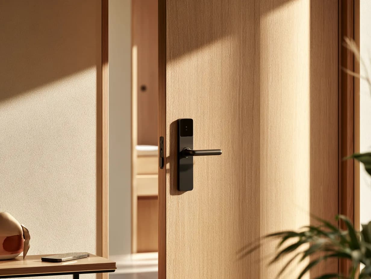A guest-room door with an electronic handle