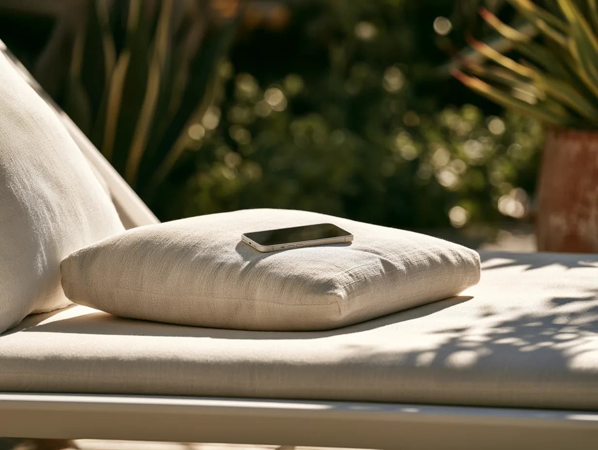 A phone resting on a cushion on a sunlit bench