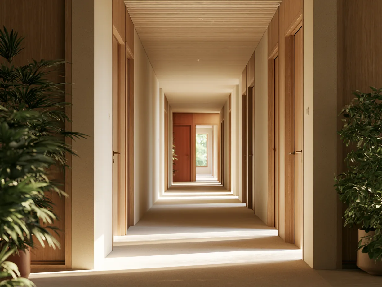 Un couloir d'hôtel dont les portes s'éloignent vers une porte rouge