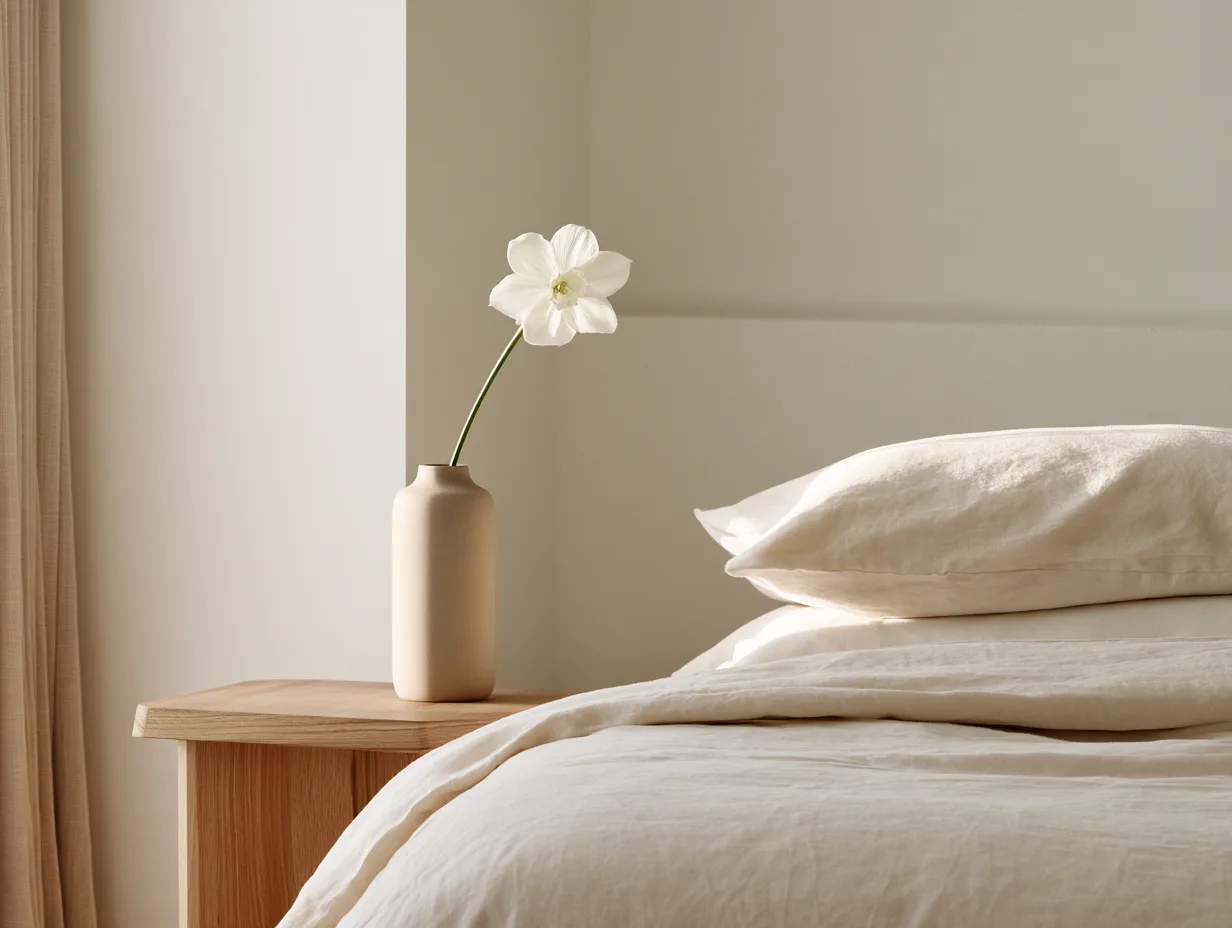 A freshly made bed with a single flower on the bedside table