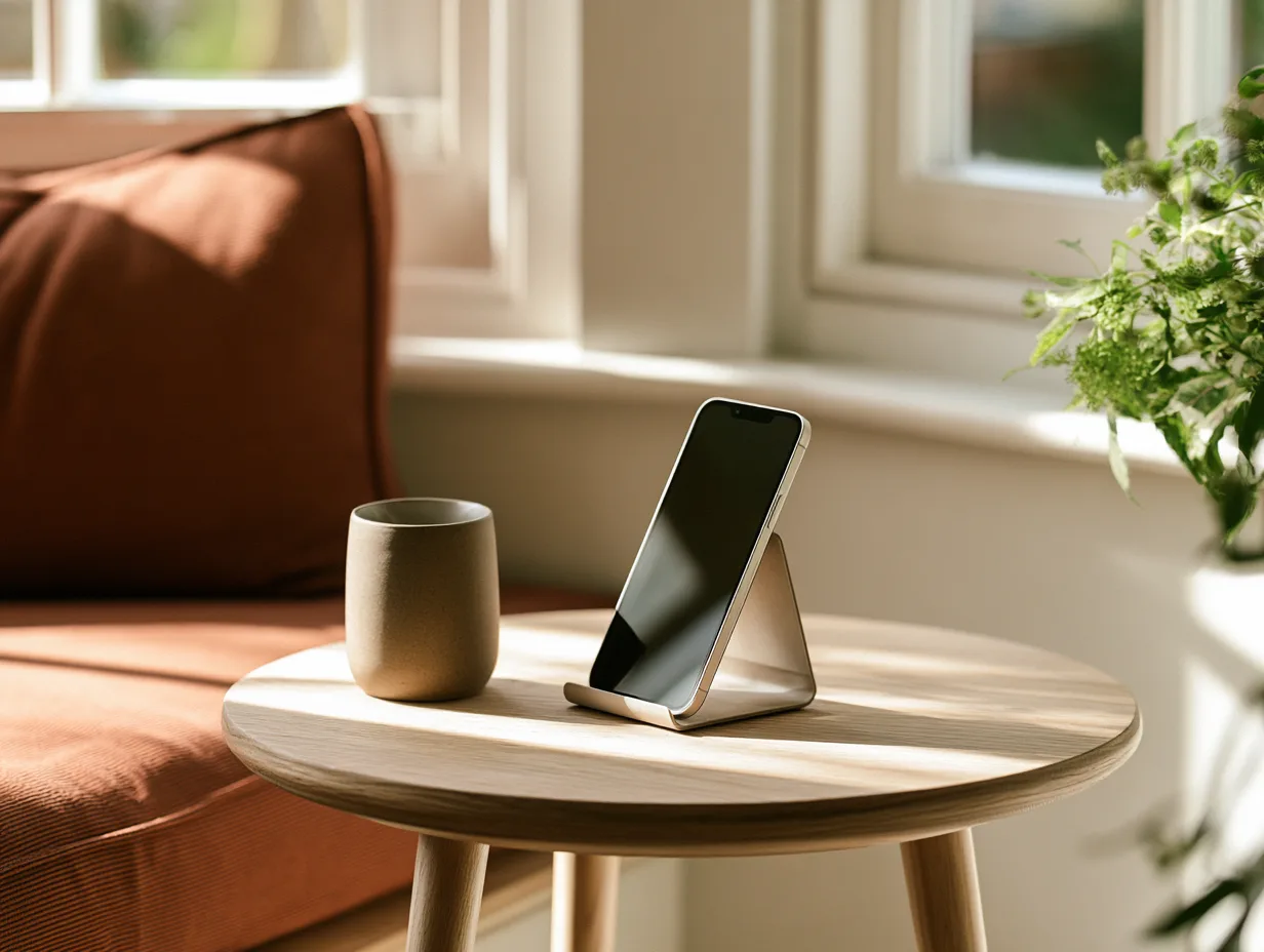 A phone propped on a side table in a sunlit hotel lounge