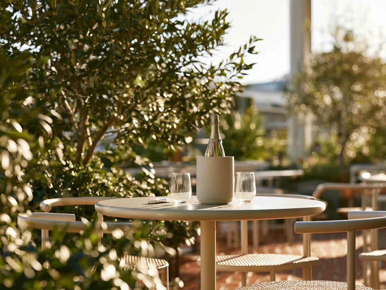 A chilled bottle and two glasses on a terrace table