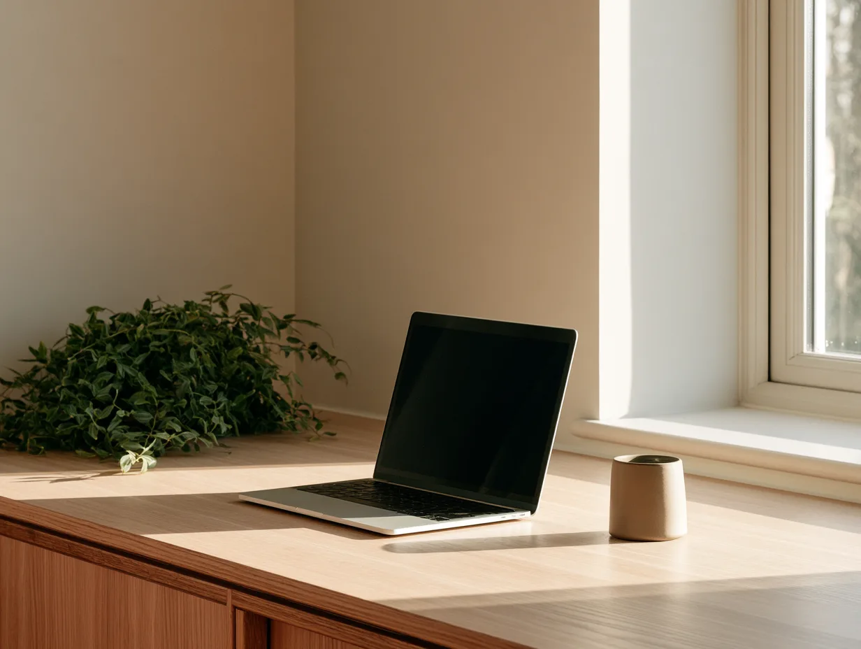 A laptop open on a desk beside a sunlit window