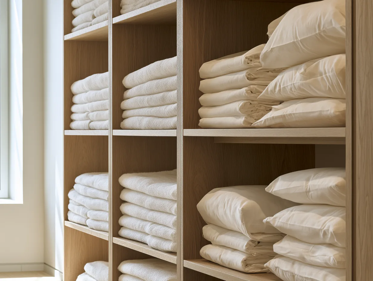 Folded white hotel linen stacked on open shelves