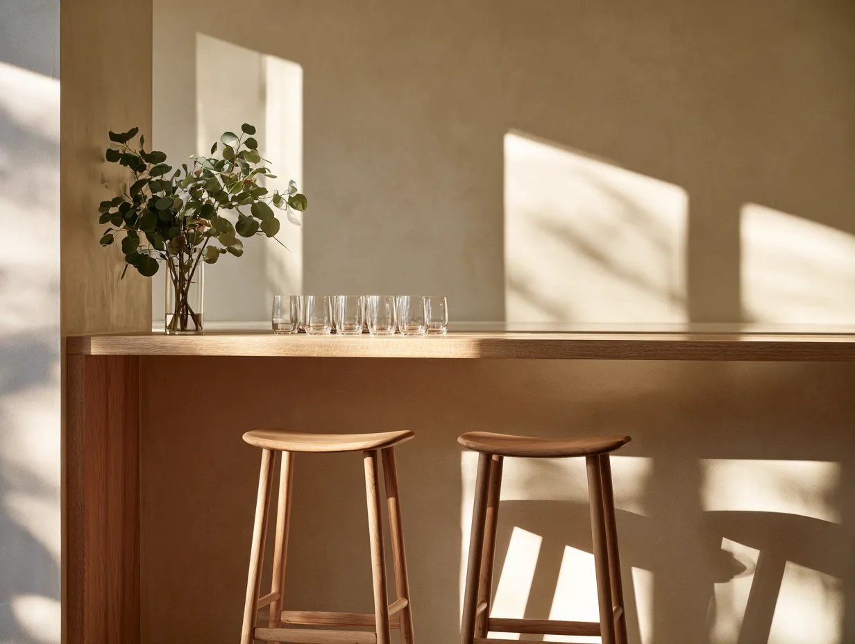 Een stille hotelbar in het ochtendlicht
