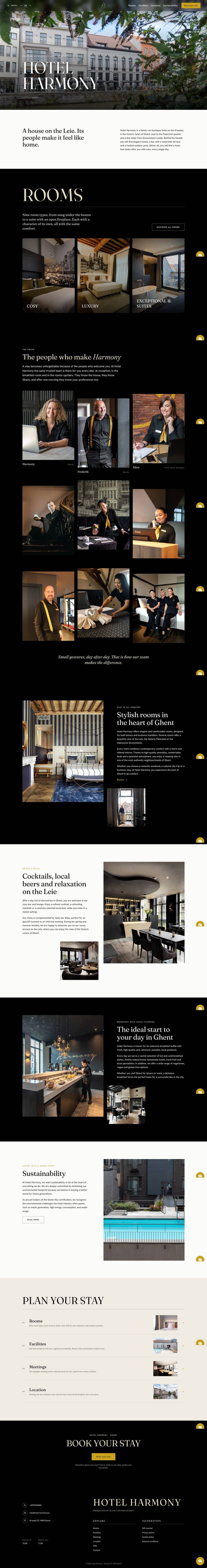 Capture d'écran du nouveau site d'hôtel complet de l'Hotel Harmony, avec une photo du bâtiment au bord de la Lys et le nom en grandes lettres à empattements