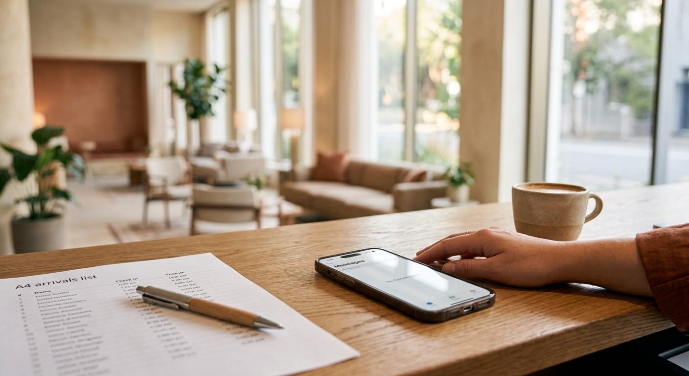 A printed arrivals list and a phone showing guest messages on a hotel reception desk, the kind of manual check Booking.com guest phone numbers now need.
