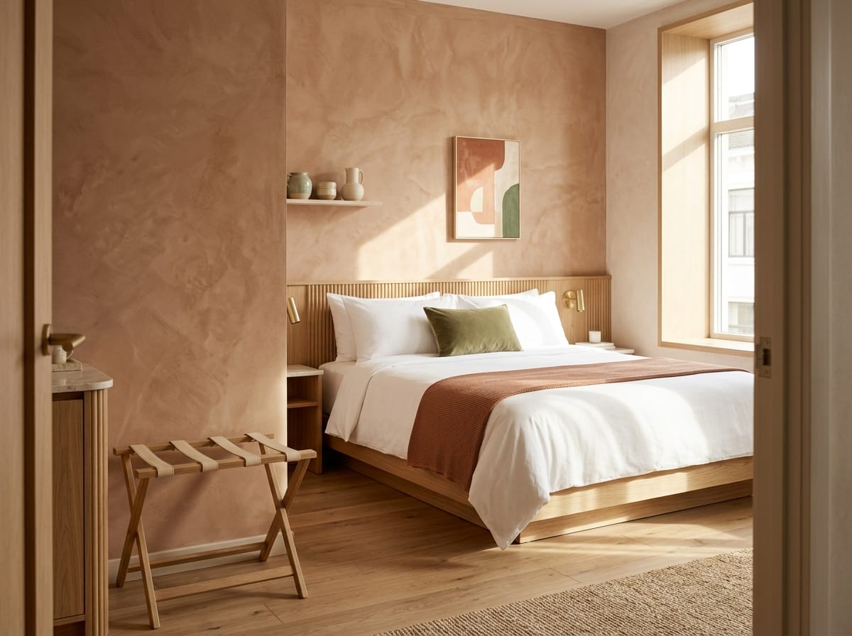 A made-up boutique hotel room in morning light, seen from the doorway.