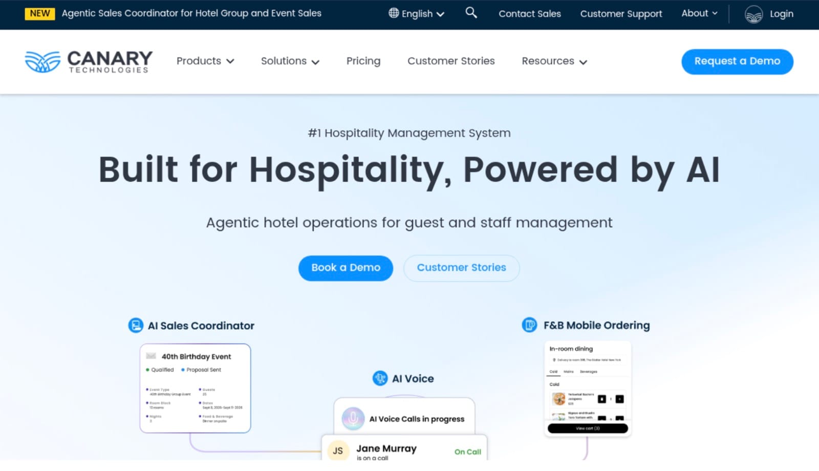 La page d'accueil de Canary Technologies, qui présente une plateforme de gestion hôtelière pour des opérations AI-first.