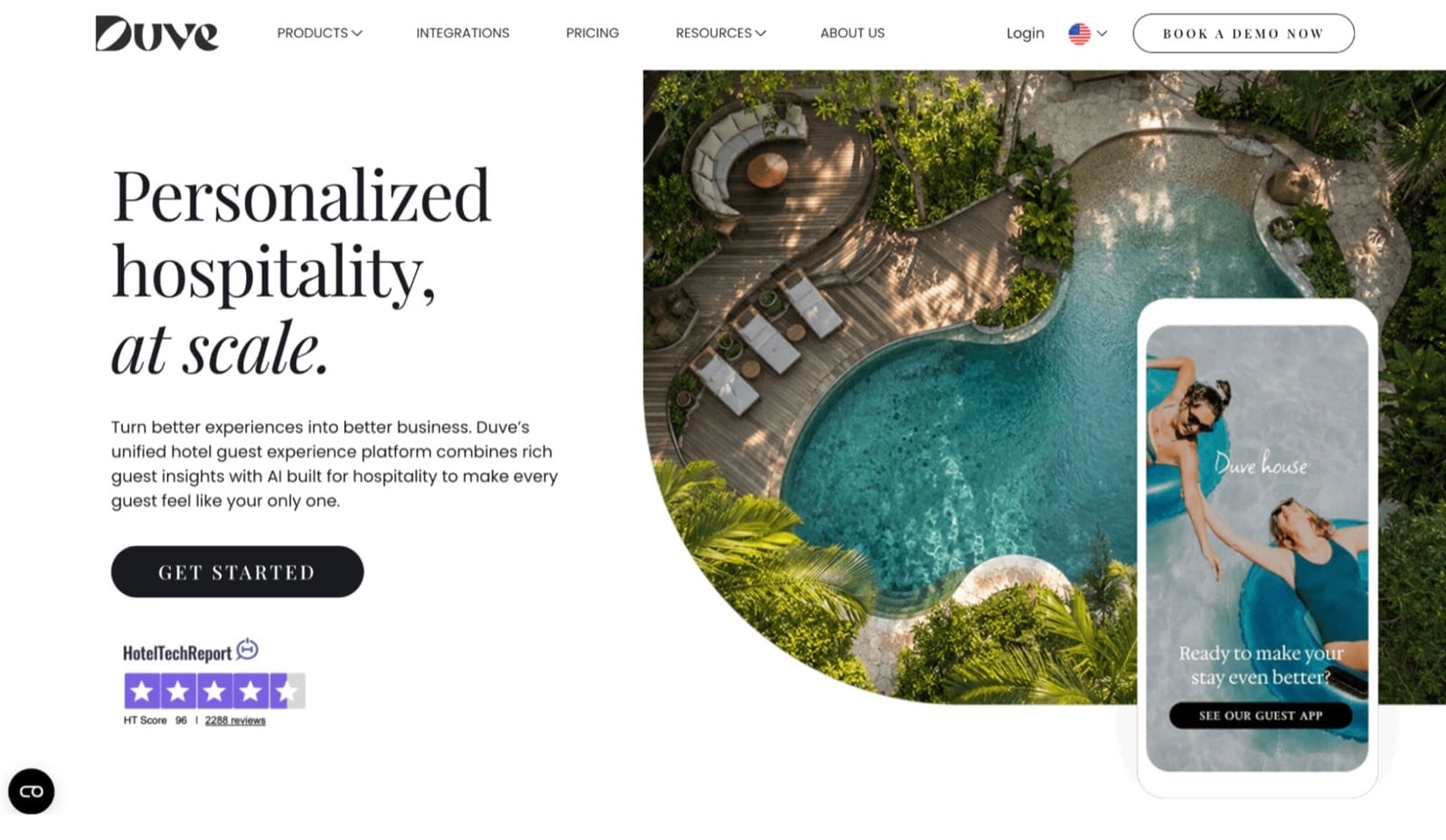 La page d'accueil de Duve, qui met en avant l'expérience client, l'arrivée en ligne et une application client à votre marque.