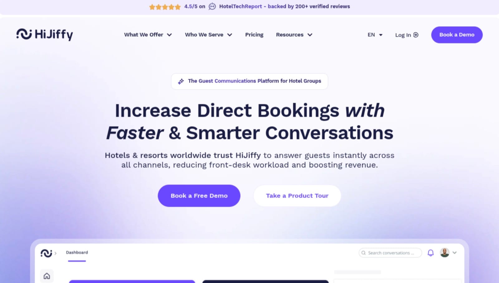 La page d'accueil de HiJiffy, qui présente sa plateforme de communication client et son chatbot IA pour hôtels.