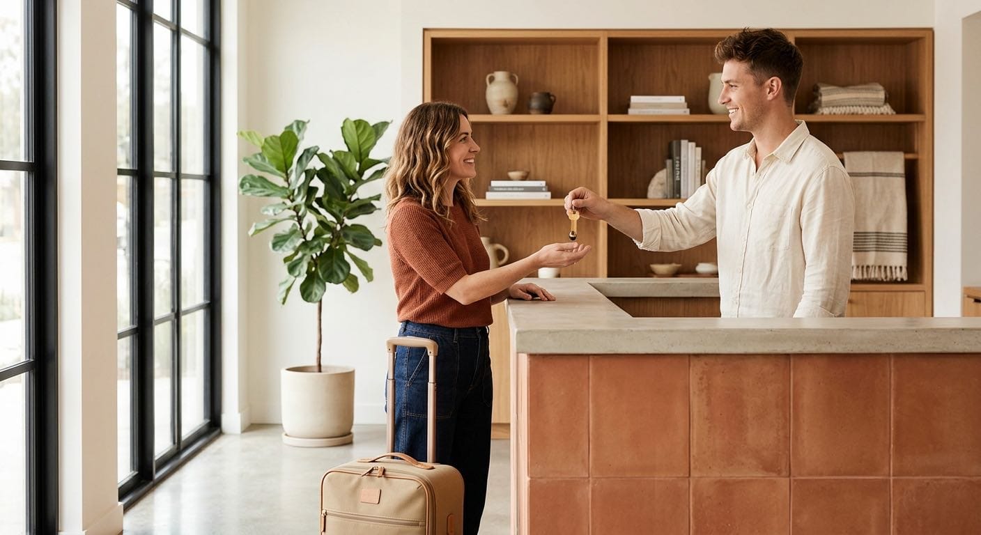 A receptionist handing a room key to a smiling guest with a suitcase at a hotel front desk, after a direct booking.