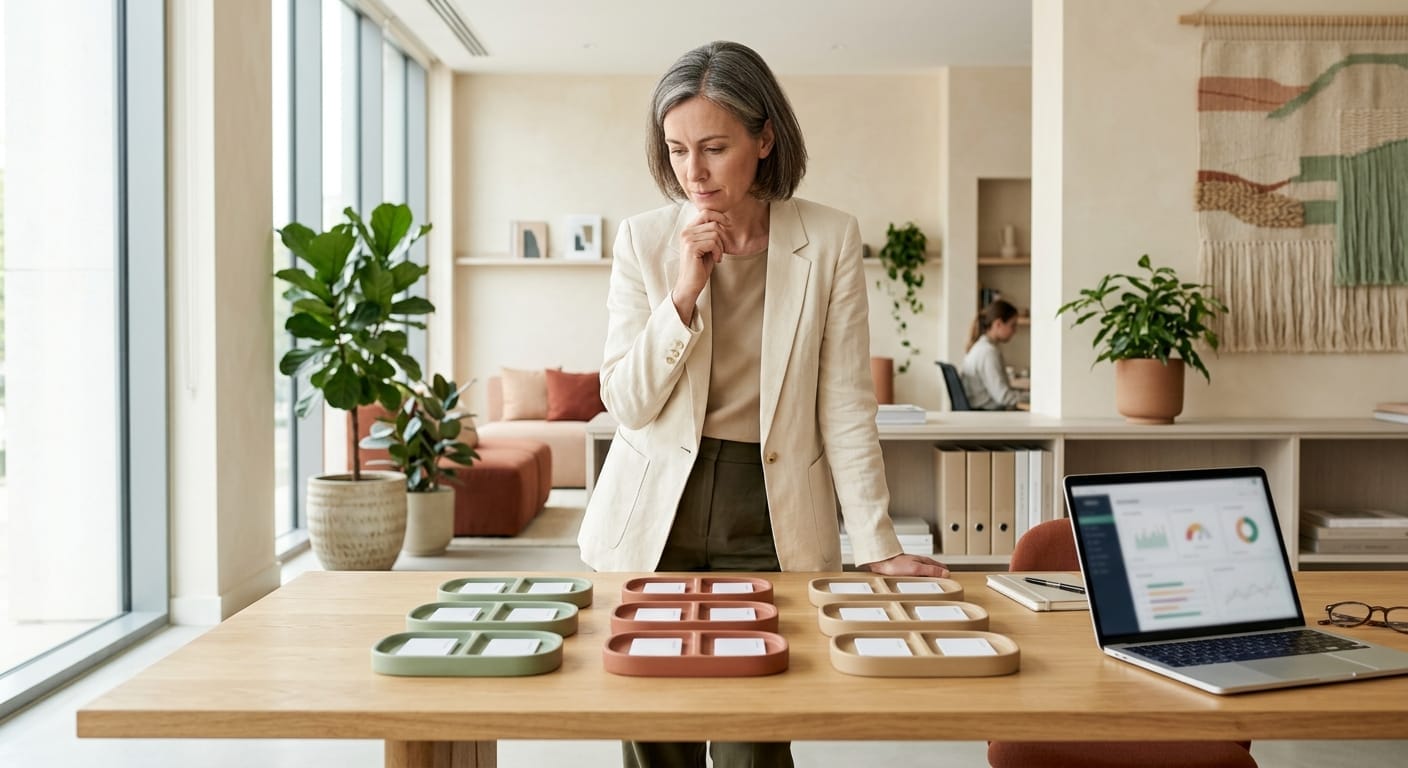 A hotel group director sorting cards into trays for each property, deciding which software a small hotel group should share.