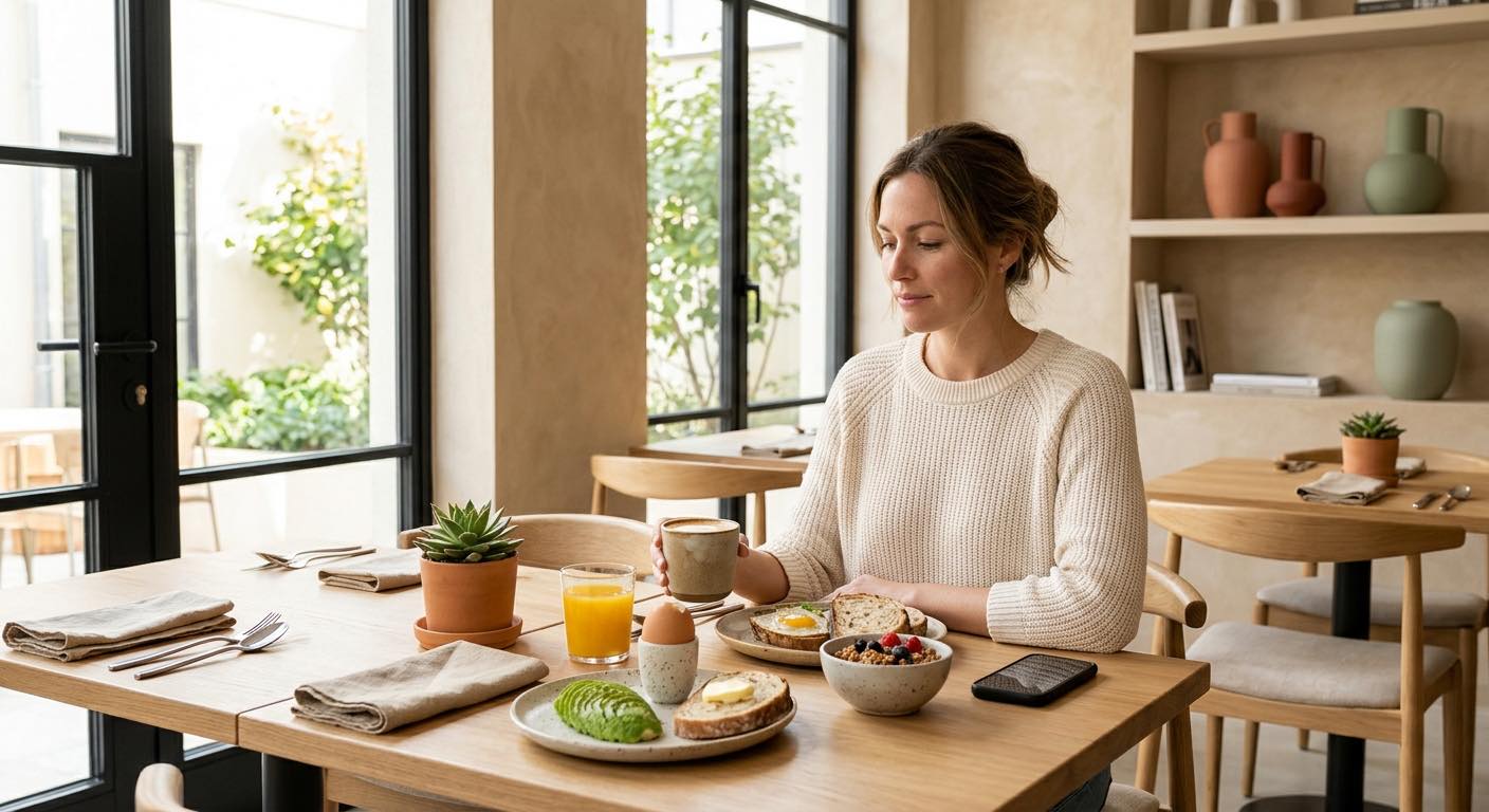 A guest having breakfast in a sunlit hotel restaurant, the kind of extra sold before arrival that a hotel technology budget should count as revenue.