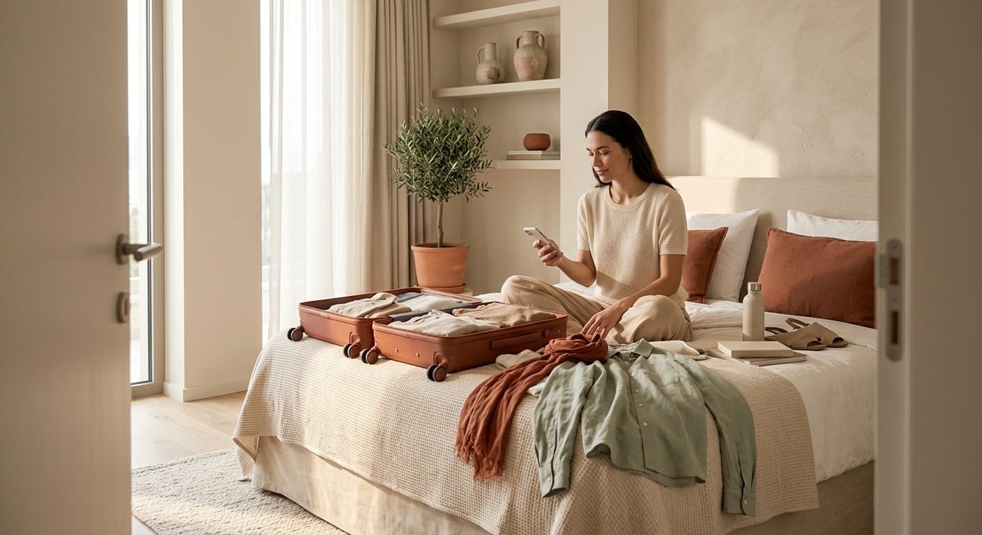 Une chambre d'hôtel faite, en pleine lumière du jour, une voyageuse assise sur le lit avec son téléphone pendant qu'elle fait sa valise.