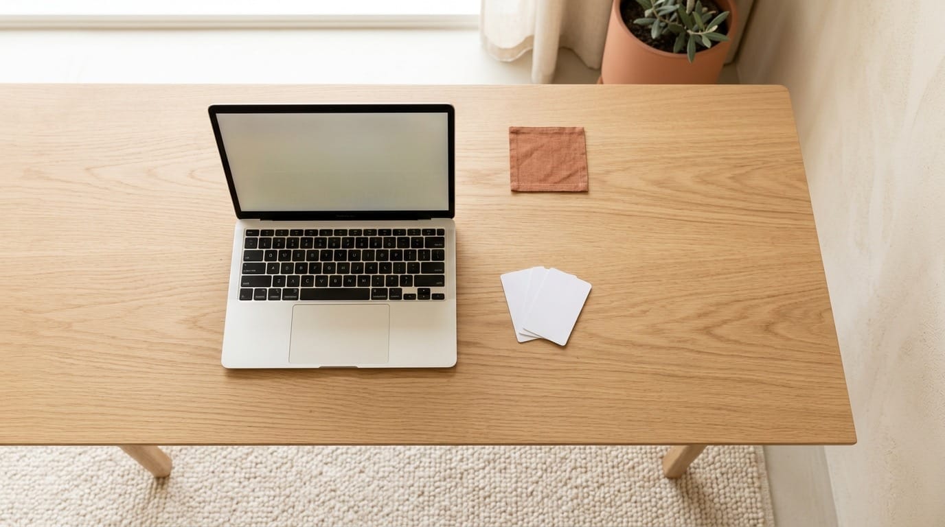 A made-up hotel desk, seen from above, with an open laptop and a fan of key cards laid beside it.