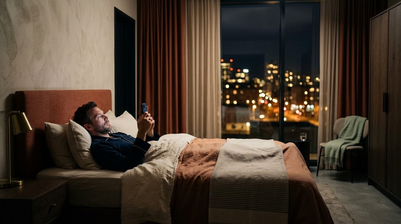 Een hotelgast die 's avonds laat in bed een bericht typt op zijn telefoon, met de verlichte stad achter hem door het raam.