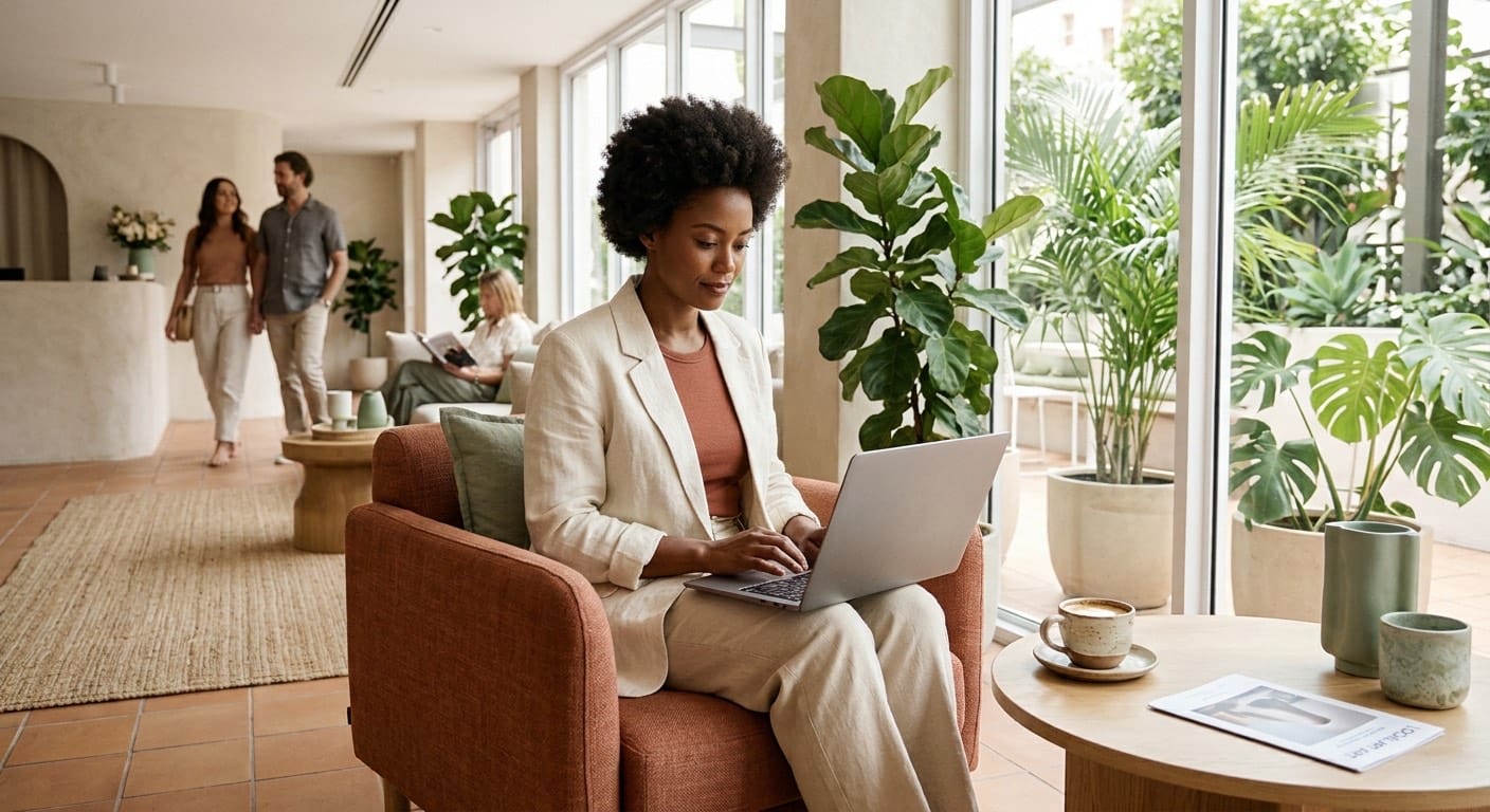 Une directrice d'hôtel sur son ordinateur portable dans le lobby, qui vérifie combien de trafic ChatGPT envoie au site de l'hôtel.