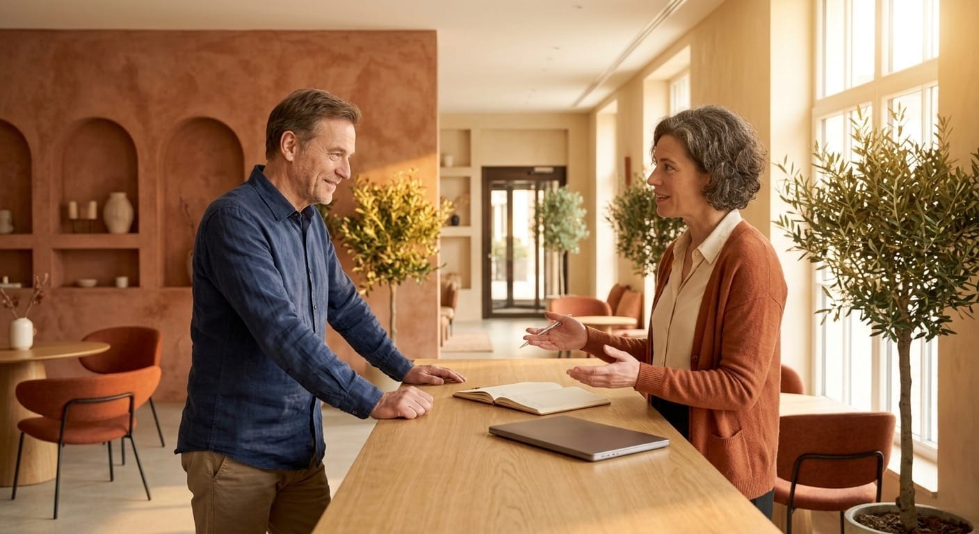 Een hotelier in gesprek met een gast over de hotelbalie heen, een notitieboek open tussen hen in.