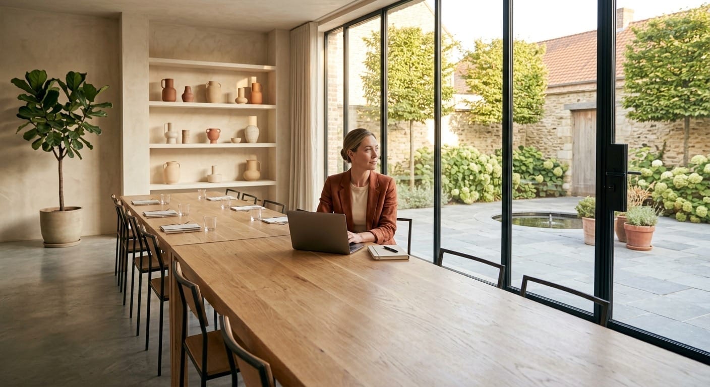 A hotelier sitting alone with a laptop at a long table, looking out over a courtyard garden.