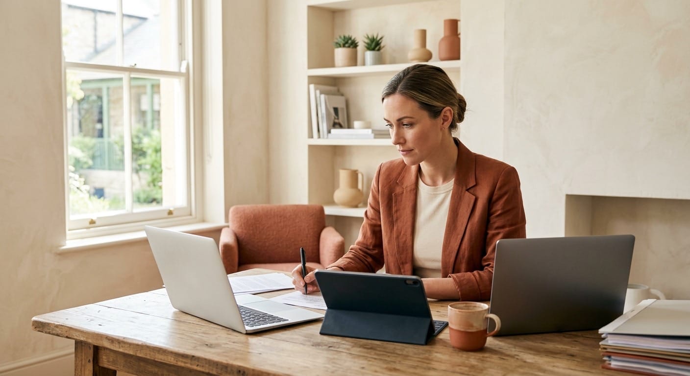 A hotelier working across two laptops and a tablet at the same desk, writing notes.