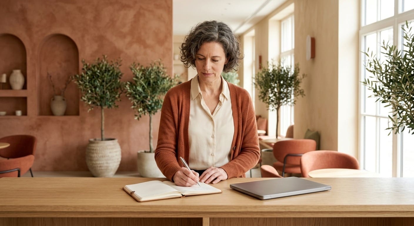 Een hotelier aan een balie die iets in een notitieboek schrijft, laptop dicht ernaast.