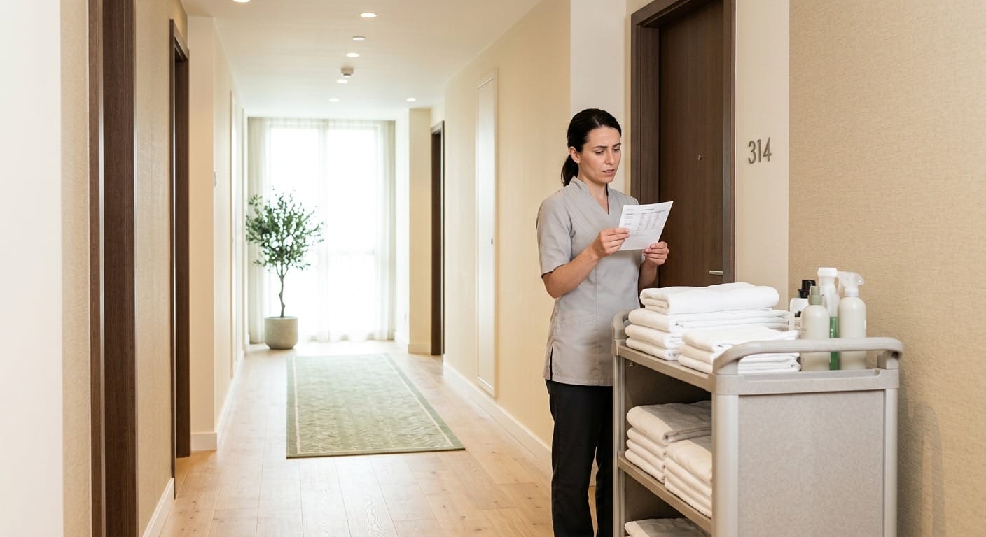 A housekeeper in a hotel corridor checking a printed room list beside her towel trolley, outside room 314.