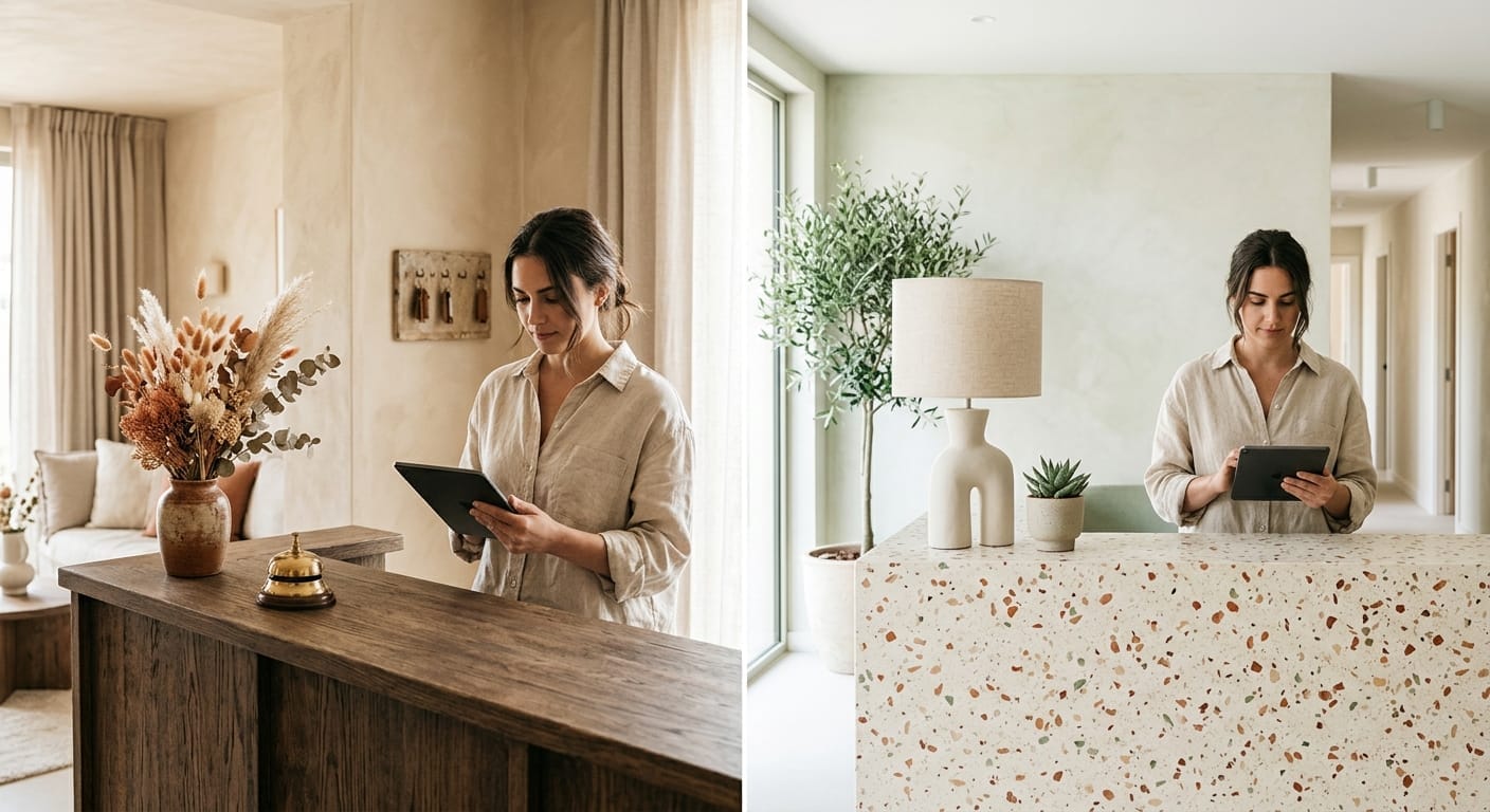 A hotel manager checking a tablet at two different reception desks, the double work software for small hotel groups should remove.