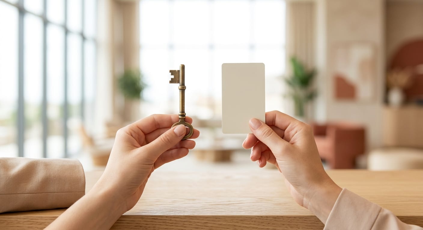 Deux mains tenant côte à côte une ancienne clé d'hôtel en laiton et une nouvelle carte-clé vierge, le moment où un hôtel passe de son ancien site web au nouveau.
