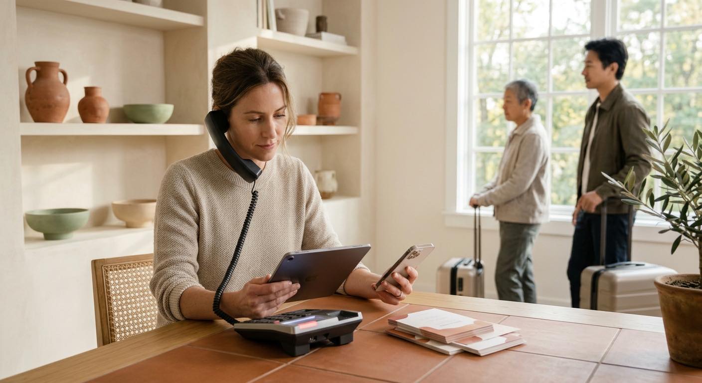 A receptionist on the desk phone while checking a tablet and a mobile as two guests with suitcases wait, the staff time a hotel technology budget rarely shows.