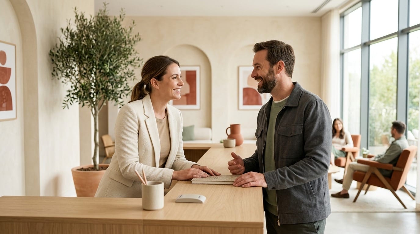 Een receptioniste die aan de balie naar een gast luistert, allebei glimlachend, in een lichte hotellobby.