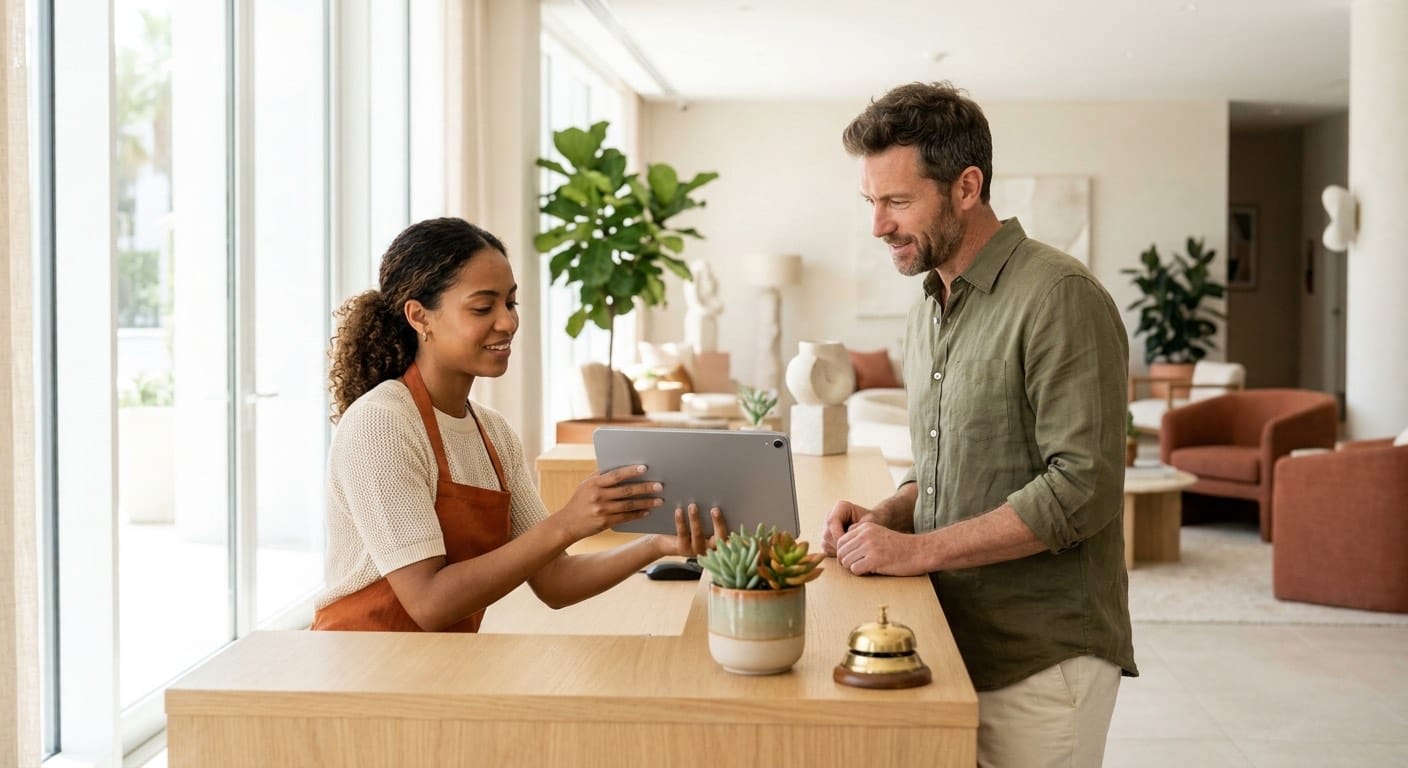 Une réceptionniste qui montre une tablette à un client à la réception, là où une visite commencée dans ChatGPT se termine une fois que le voyageur a réservé.
