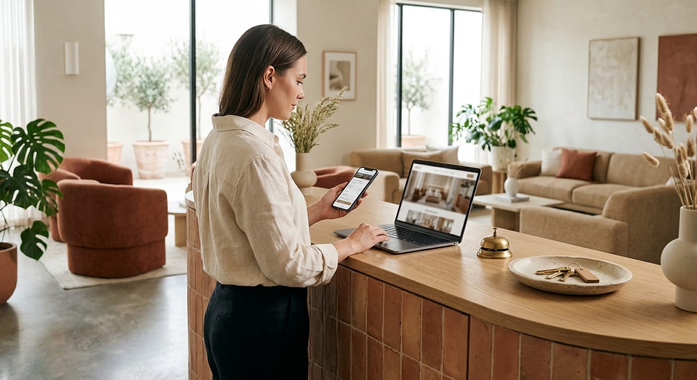 Une réceptionniste à l'accueil d'un hôtel teste sur son téléphone le bouton de réservation du nouveau site de l'hôtel, le site ouvert sur un ordinateur portable à côté d'elle.