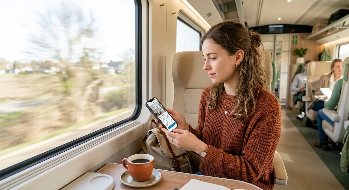 A traveller on a train booking a hotel room on her phone, a coffee on the table in front of her.