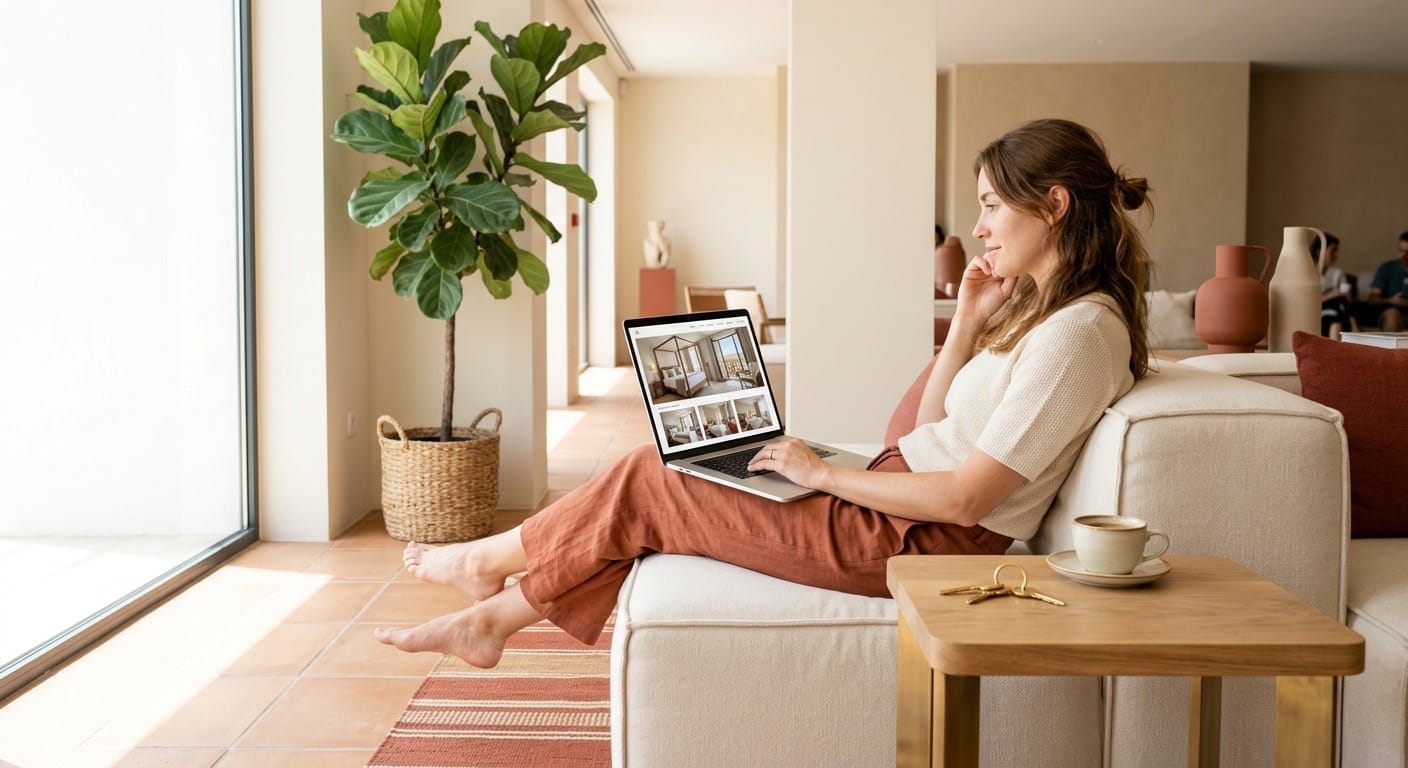 A traveller on a sofa browsing a hotel website on a laptop, about to book direct rather than through Booking.com.