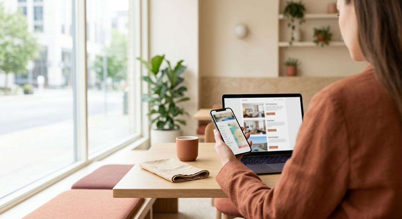 A traveller comparing a hotel's price on her phone with the hotel's own website on a laptop, the moment a better direct rate can win the booking.