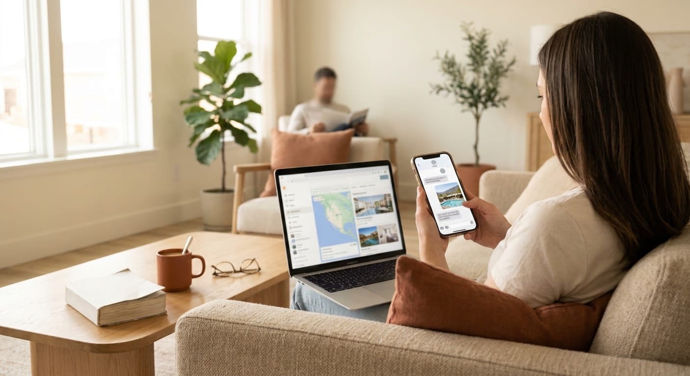 Une voyageuse qui interroge un chatbot sur des hôtels depuis son téléphone, des pages d'hôtel ouvertes sur son ordinateur, le type de visite que GA4 compte désormais comme trafic IA.